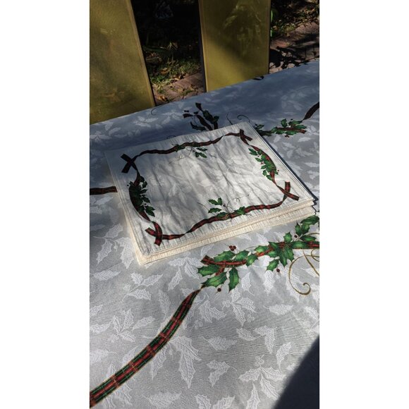 Lenox Holiday Nouveau 60 X 139" Large Tablecloth w/ 6 Napkins Christmas Holly Ri - Picture 6 of 8